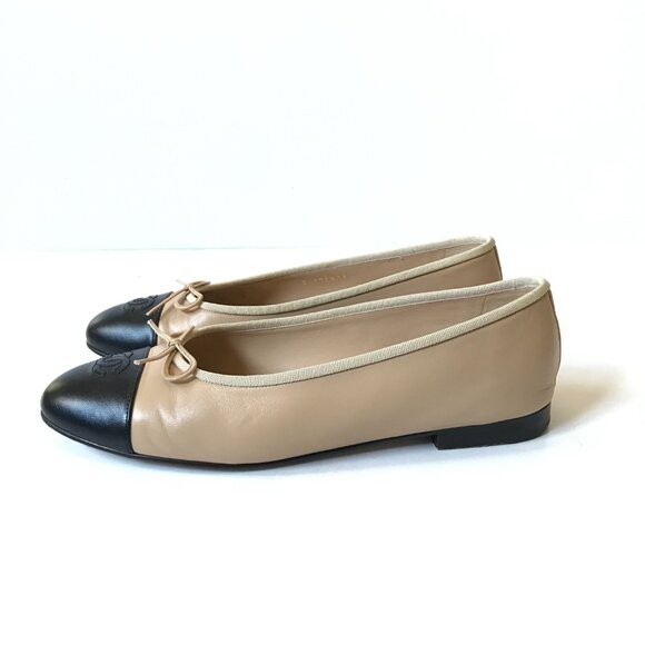 Chanel Cap Toe Ballet Flats Womens 42 11 Black Beige Nude Leather CC Logo Shoes - Picture 9 of 13